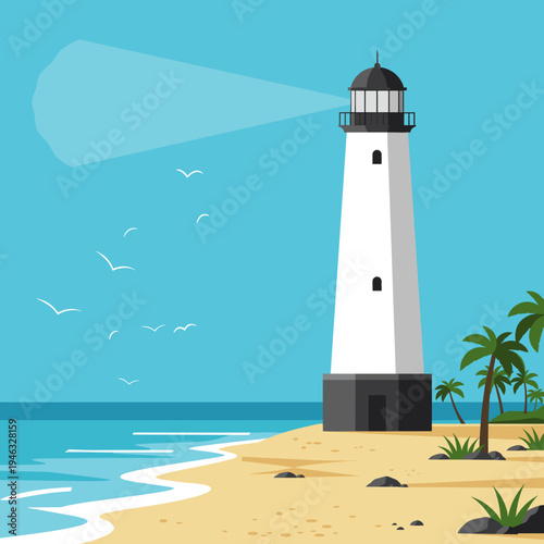 A serene lighthouse casting light over a tranquil sea with seagulls flying nearby