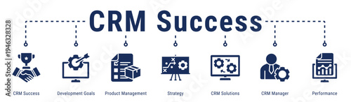 CRM Success web banner icon vector illustration with CRM Success, Development Goals, Product Management, Strategy, CRM Solutions and CRM Manager