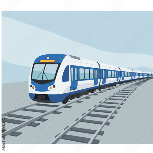 Modern train traveling along curved tracks with a serene landscape in the background