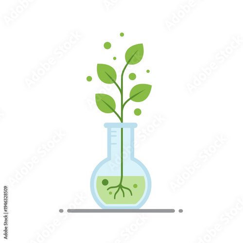 Green plant growing in a laboratory flask, symbolizing sustainability and growth