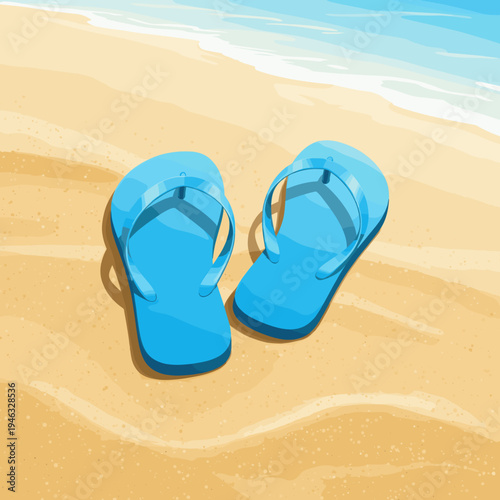 Blue flip-flops resting on sandy beach with gentle waves in the background