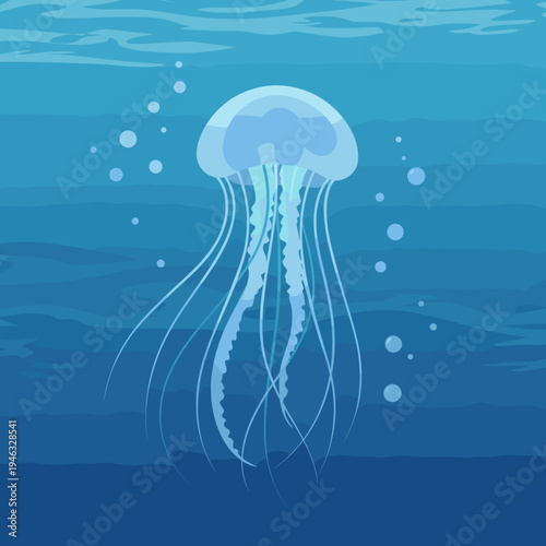 A serene underwater scene featuring a jellyfish gracefully swimming in blue waters