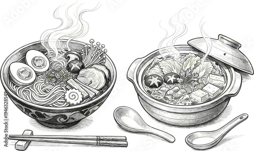 Hand-drawn monochrome illustration of traditional Japanese ramen noodles with toppings and a steaming hot pot, offering a delicious depiction of Asian comfort food