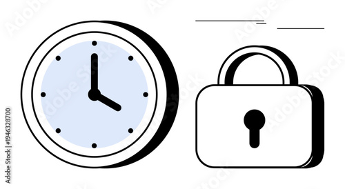 Analog clock representing time and padlock symbolizing security. Ideal for time management, productivity, privacy, encryption, boundaries, planning, and access control. Simple flat metaphor