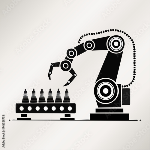 Industrial robotic arm assembling conical parts on a production line