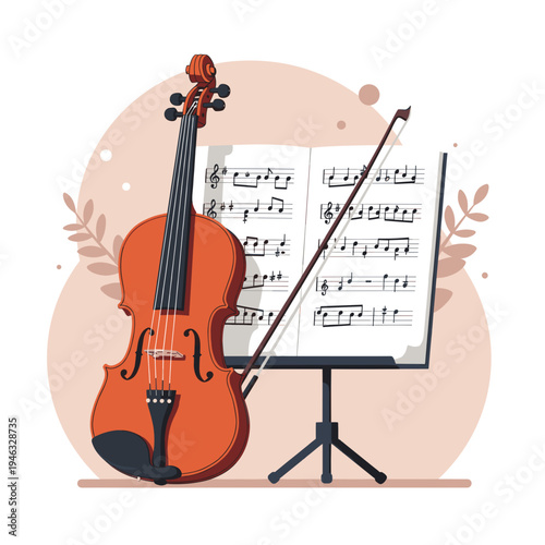 A beautifully illustrated violin next to sheet music on a stand with soft background elements