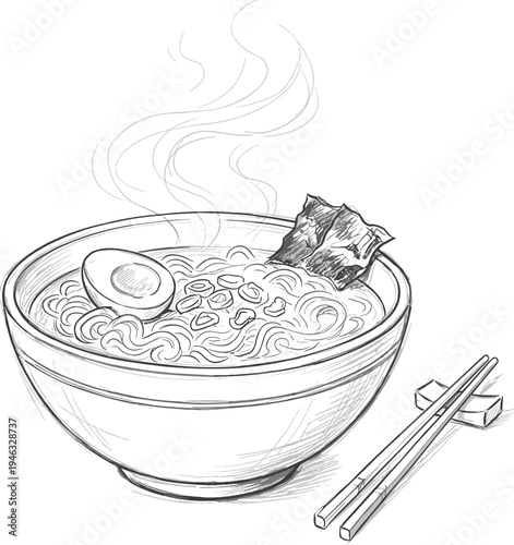 Artistic hand-drawn sketch of a steaming bowl of ramen noodle soup with egg, seaweed, and chopsticks, embodying a comforting and flavorful Asian culinary moment