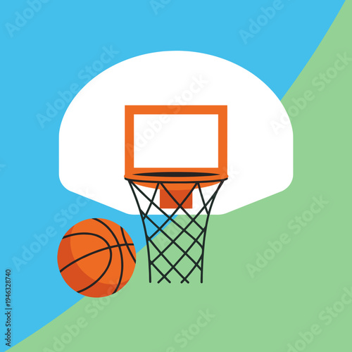 Colorful basketball scene featuring a hoop and ball against a vibrant background