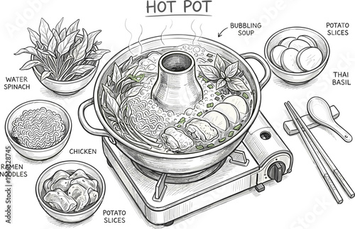 Delicious Hot Pot Meal with Chicken, Noodles, and Fresh Vegetables, Perfect for Sharing