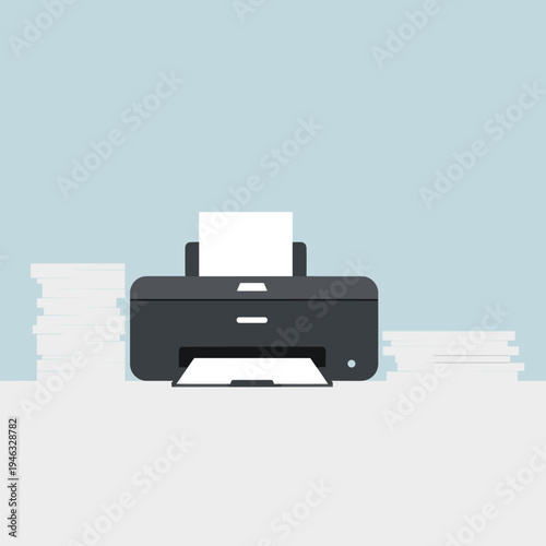 Modern office workspace featuring a printer with documents stacked nearby, showcasing productivity