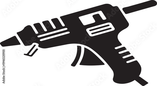 Black and white of a hot glue gun with a detailed handle and nozzle tool