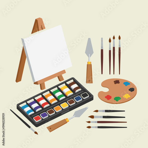 Art supplies arranged for painting, featuring easel, palette, and brushes on a light background