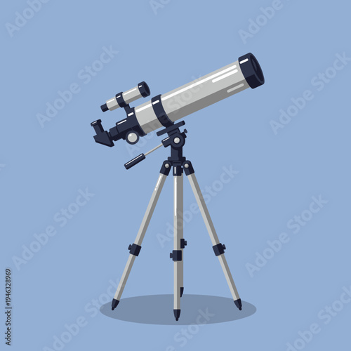 A sleek telescope positioned on a tripod against a soft blue background, ideal for stargazing