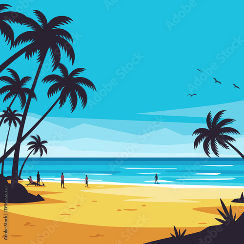 Tropical beach scene with palm trees silhouetted against a bright blue sky