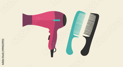 A vibrant hair dryer and comb set against a soft beige background, ideal for beauty themes