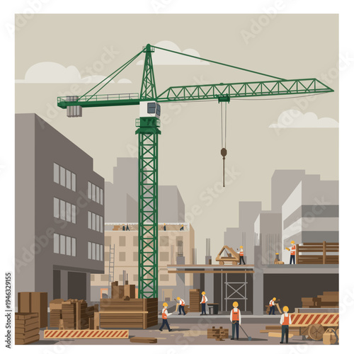 Construction crane towering over a cityscape, with buildings and clouds in the background