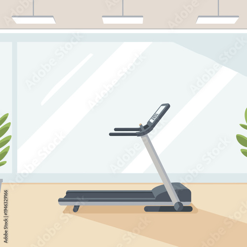 Modern gym interior featuring a treadmill, bright lighting, and large windows