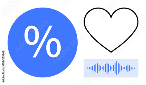 Data visualization concept. Data displayed through percent symbol, heart shape, and audio wave imagery. Data exploring trends, analysis, and . For analytics, technology marketing design research
