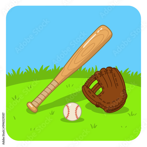 A wooden baseball bat and glove resting on a vibrant green field under a clear blue sky
