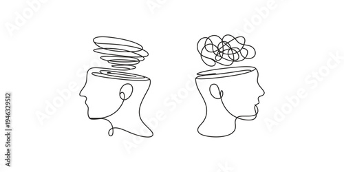 Human head mental health awareness icon, tangled thoughts illustration, stress management, psychological counseling and therapy concept, wellness support.