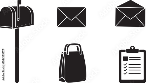 Black and white of mailbox, envelopes, shopping bag, and checklist on clipboard