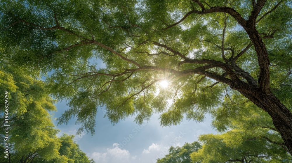 Fototapeta premium Sunlight Filtering Through Lush Green Leaves of Trees in a Tranquil Outdoor Nature Setting