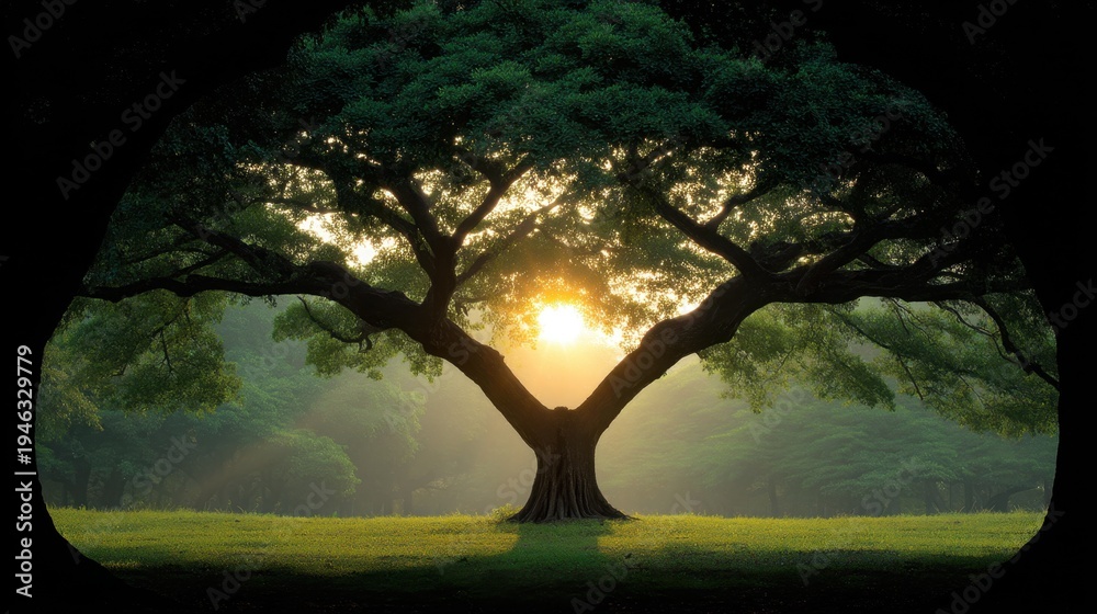 Fototapeta premium Majestic Tree Silhouette Against a Sunrise in a Serene Forest Landscape with Warm Sunlight and Lush Greenery