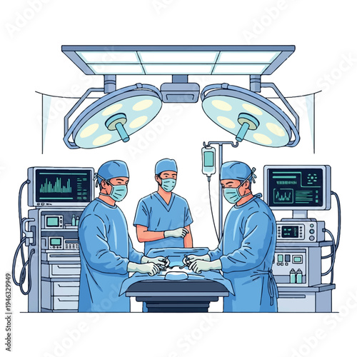 Three surgeons in blue scrubs and masks performing surgery under bright operating room lights with medical equipment.