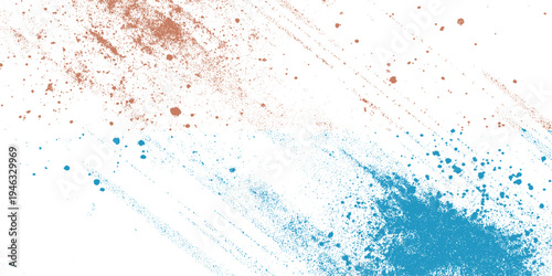 Colorful chalk pieces and powder flying, effect explode, isolated on white abstract splatter black, red, orange, purple, wheat, green color blood grunge texture 
 