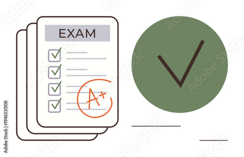 Education, academic performance, success, certification, evaluation, progress tracking. Checklist with A grade and large green checkmark. Focus on education and academic performance concepts