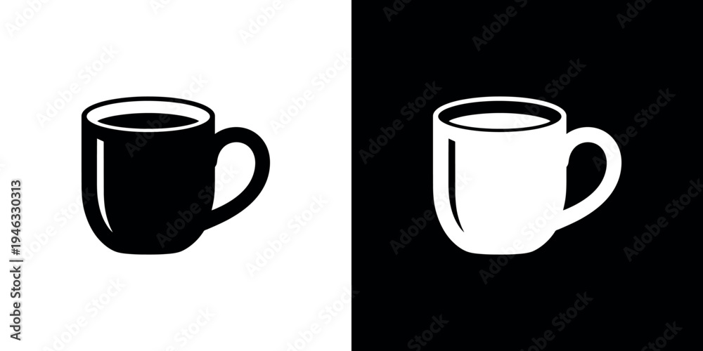 Obraz premium A black and white illustration of two coffee mugs on contrasting backgrounds
