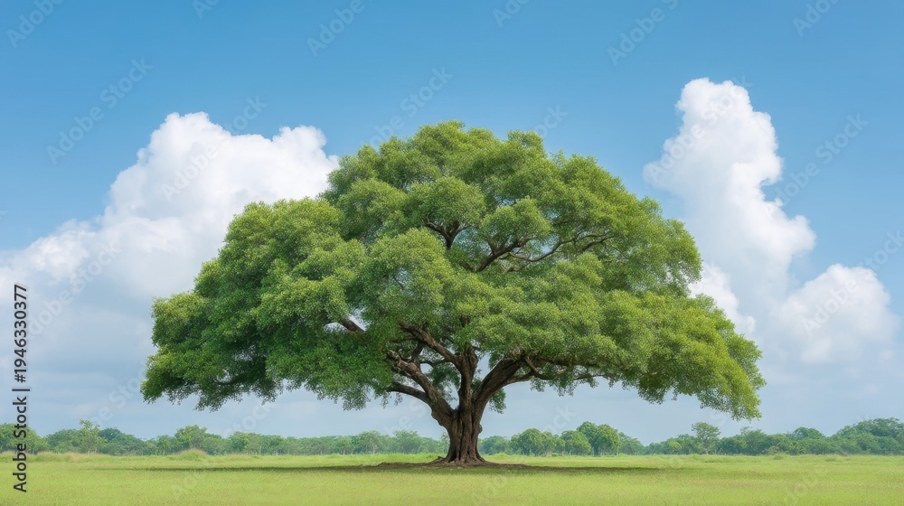 Obraz premium Majestic Green Tree in Open Field Against Clear Sky with Fluffy Clouds and Lush Grass Surroundings