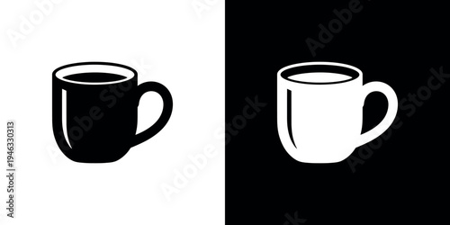 A black and white illustration of two coffee mugs on contrasting backgrounds