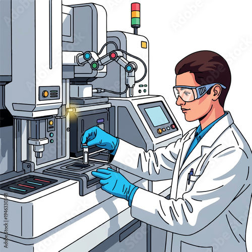 A scientist in a white lab coat operates a piece of industrial equipment with safety goggles and blue gloves in a laboratory setting with a predominantly gray and blue color scheme.