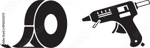 Black masking tape roll and black glue gun on white background adhesive