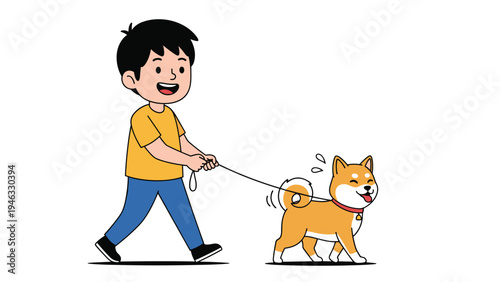 Happy young boy in a yellow shirt and blue pants walking his shiba inu dog on a leash and smiling.