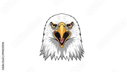 Intense portrait of a bald eagle head with its beak wide open in a powerful scream, isolated on a white background.