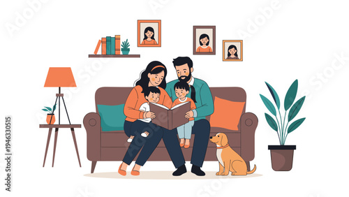 Happy family with two young children sitting on a living room sofa reading a large book together with their pet dog.