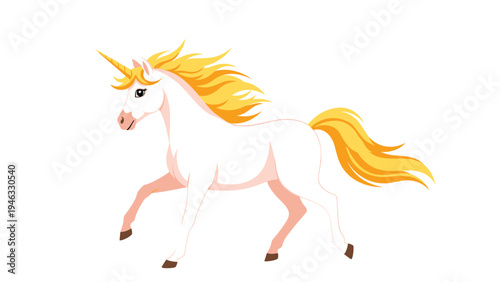 Beautiful white unicorn with a golden mane and horn galloping gracefully against a simple plain white background.