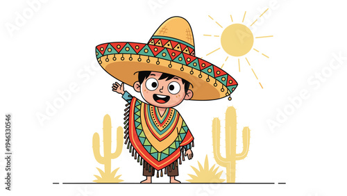 Happy young boy dressed in a traditional colorful Mexican poncho and large sombrero waving his hand in the desert.