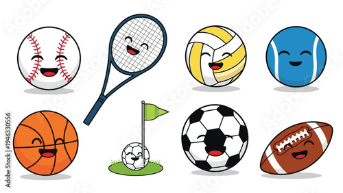 Group of various sports balls including baseball, tennis, and soccer with happy smiling faces as cartoon characters.