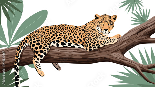 Magnificent jaguar with a beautiful spotted coat lying relaxed on a thick tree branch in a tropical jungle setting.