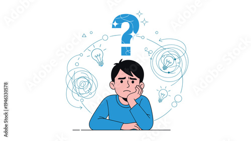 Young boy looking confused and thinking while leaning on his hand with a large blue question mark and ideas above.
