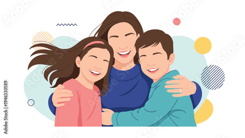 Loving mother hugging her young son and daughter closely with happy expressions against a colorful abstract art.