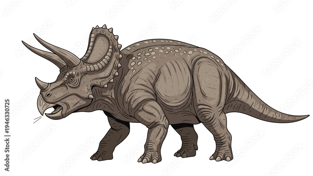 Fototapeta premium Massive triceratops dinosaur walks across a white background with realistic details and three sharp horns on its head.