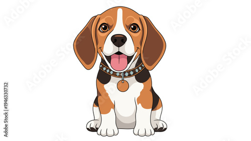 Adorable beagle puppy with large floppy ears sitting and looking forward with a friendly smile on its cute face.