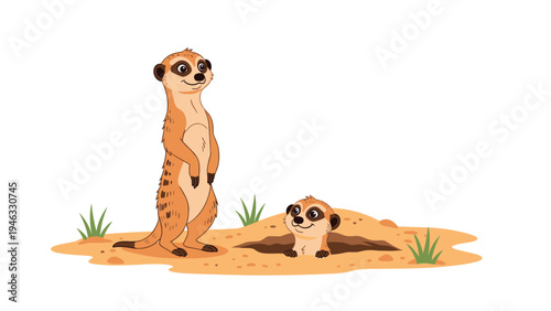 Pair of cute meerkats stands on guard and peeks out from their burrow in the sandy desert soil under a clear bright sky.