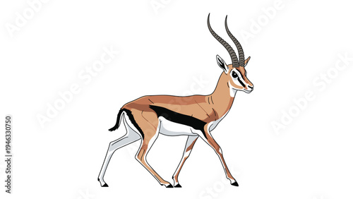 Elegant gazelle with long curved horns and black stripes walks gracefully across an open space in a realistic animal drawing.