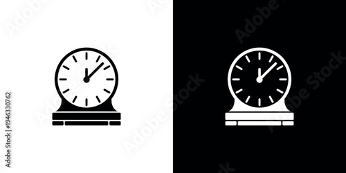 A white and black illustration of an analog clock on a stand