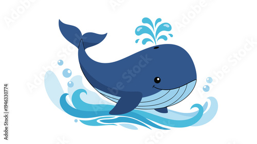 Cute blue whale swims in the ocean waves and blows a water spout from its blowhole in a cheerful cartoon illustration.